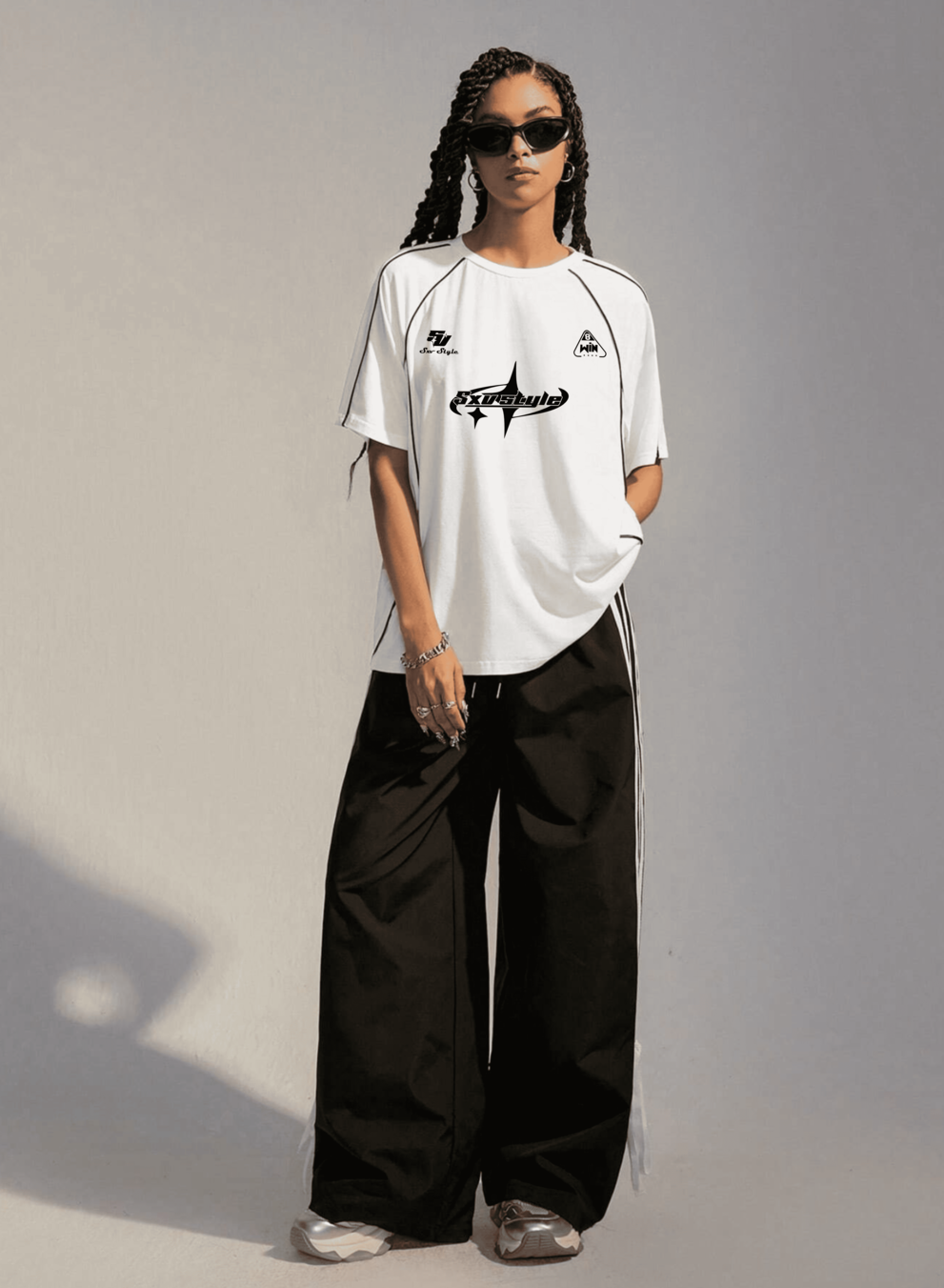 SXV STYLE Women's Street-Style Y2K Cool Event Letter Printed Color-Blocked Racing Short Sleeve Black T-Shirt