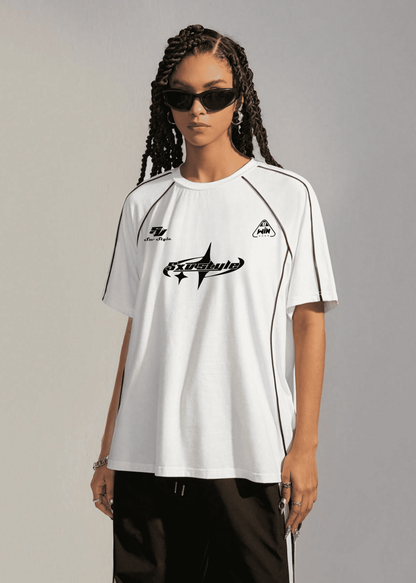 SXV STYLE Women's Street-Style Y2K Cool Event Letter Printed Color-Blocked Racing Short Sleeve Black T-Shirt