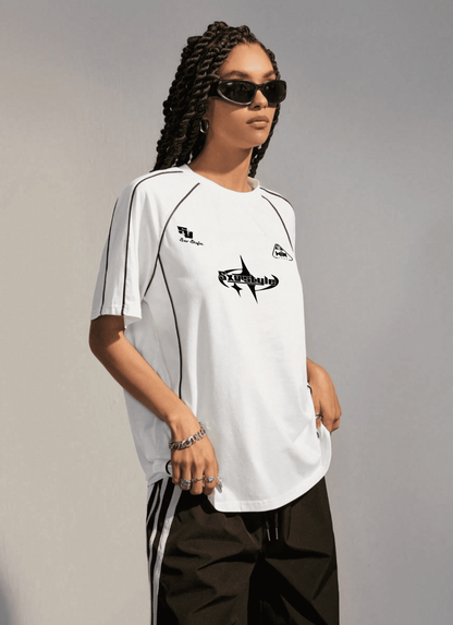 SXV STYLE Women's Street-Style Y2K Cool Event Letter Printed Color-Blocked Racing Short Sleeve Black T-Shirt