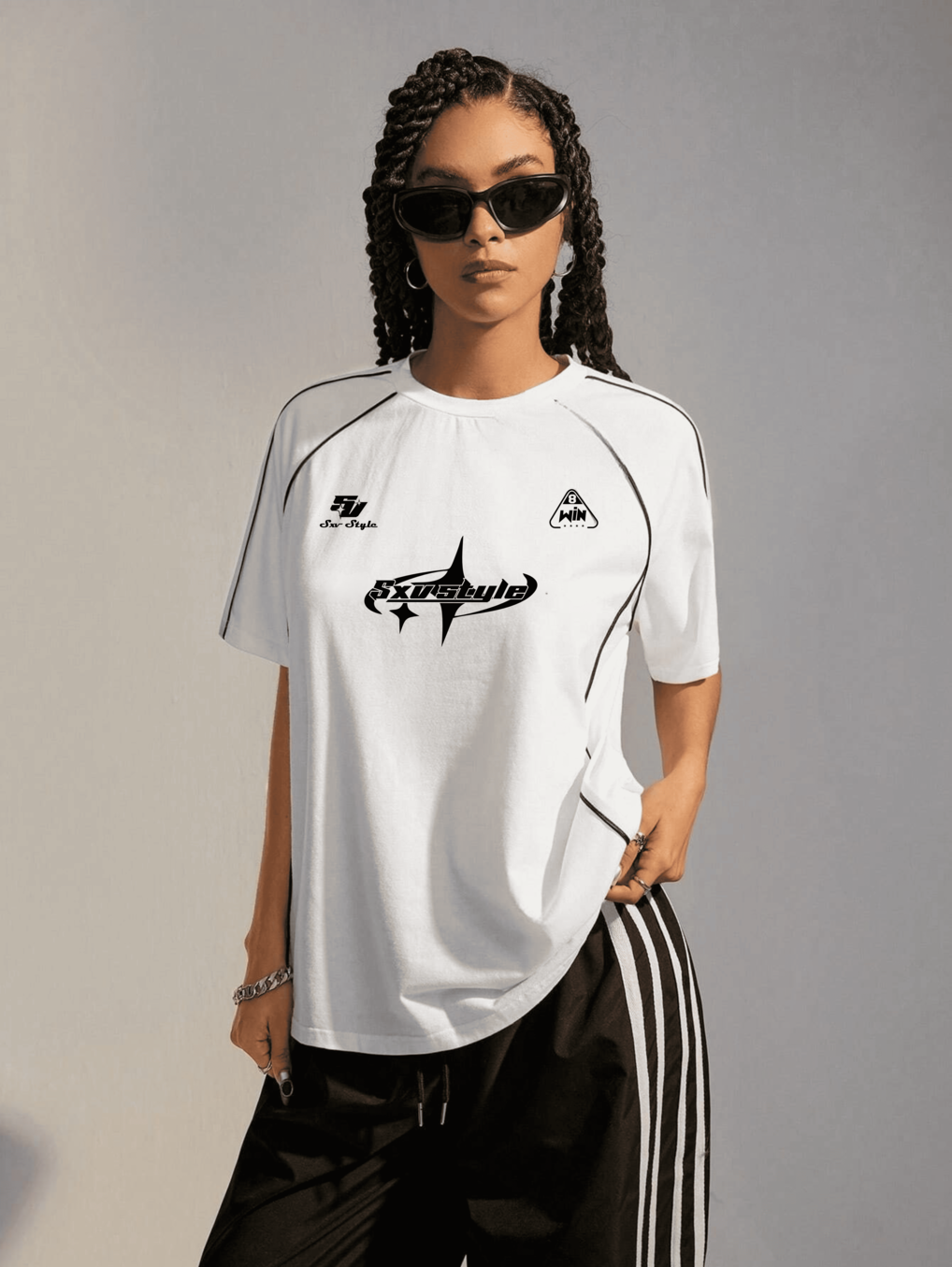 SXV STYLE Women's Street-Style Y2K Cool Event Letter Printed Color-Blocked Racing Short Sleeve Black T-Shirt