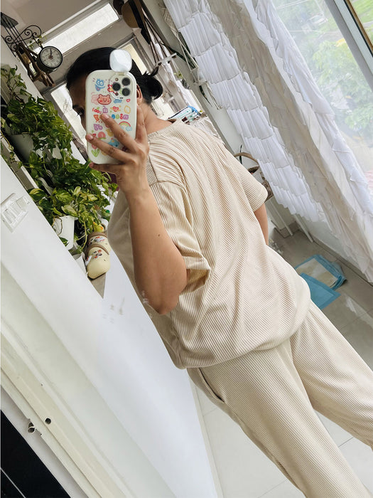 SXV Basic CO-ORDS set : Beige Ribbed oversized t-shirt And Trouser Combo