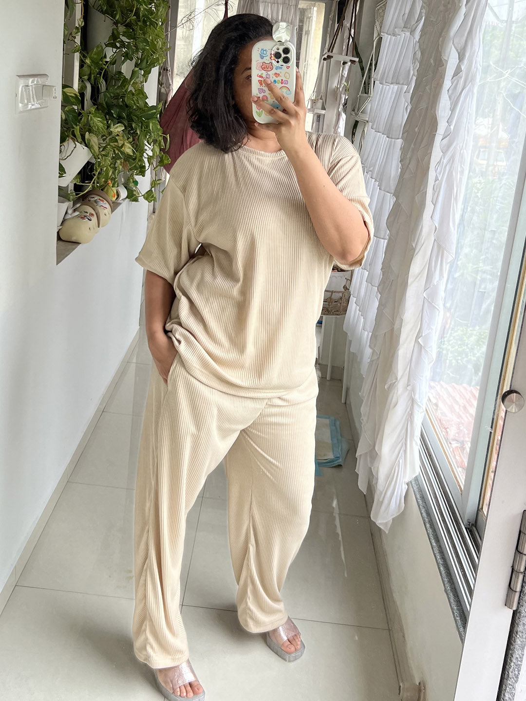 SXV Basic CO-ORDS set : Beige Ribbed oversized t-shirt And Trouser Combo