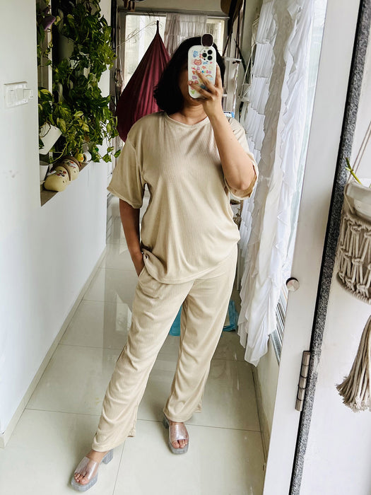 SXV Basic CO-ORDS set : Beige Ribbed oversized t-shirt And Trouser Combo