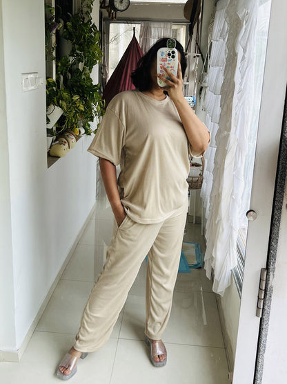 SXV Basic CO-ORDS set : Beige Ribbed oversized t-shirt And Trouser Combo