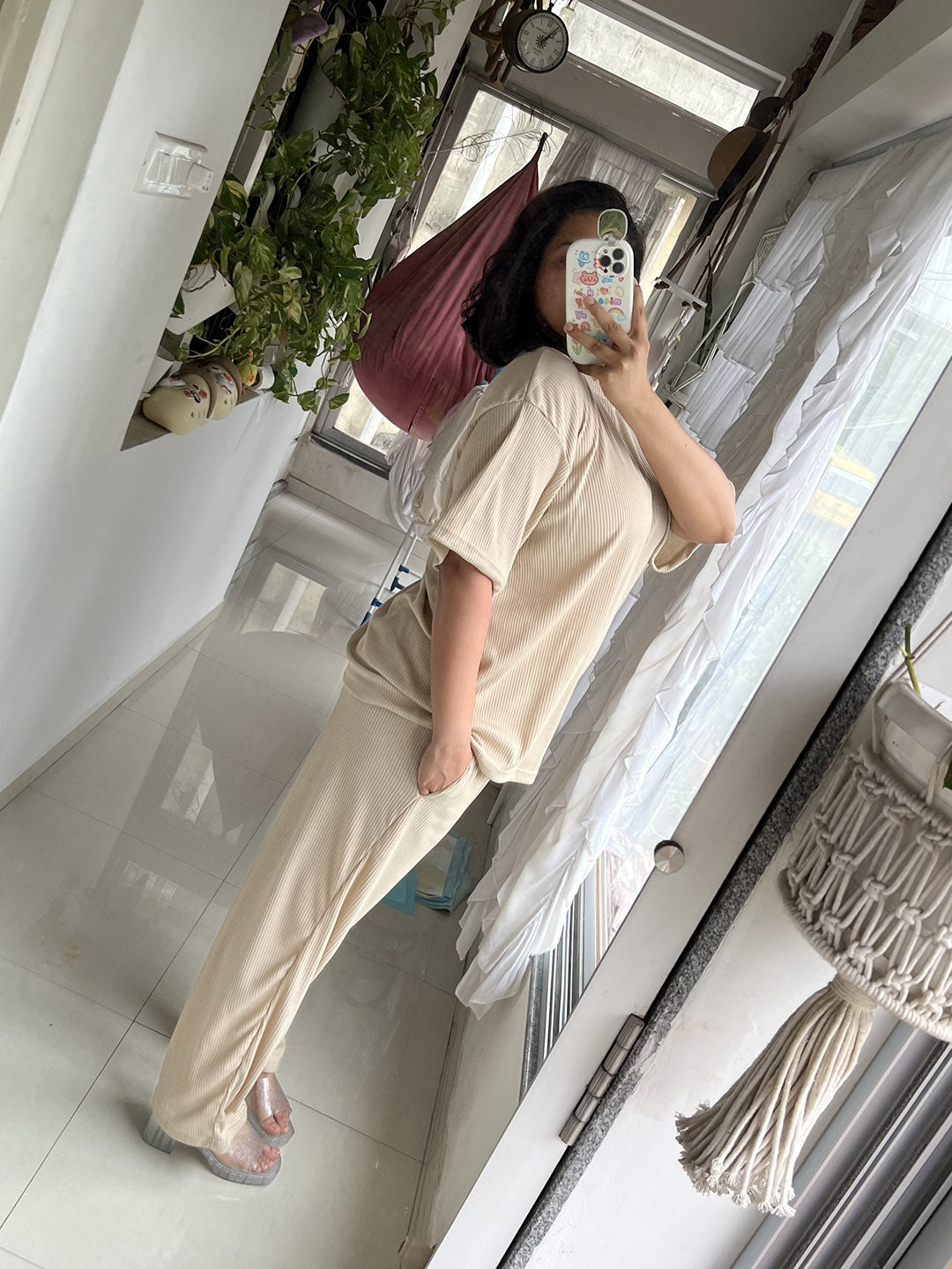 SXV Basic CO-ORDS set : Beige Ribbed oversized t-shirt And Trouser Combo