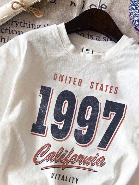 SXV Casual Minimalist 1997 Pattern Round Neck Short Sleeve Loose Women T-Shirt, Cotton Blend, Suitable For Summer