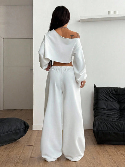SXV Winter Going Out Streetwear Rave Cowgirl Sportswear Casual Music Festival Graphics Cropped Over Size Asymmetrical Neck Off Shoulder White Long Sleeve T-Shirt
