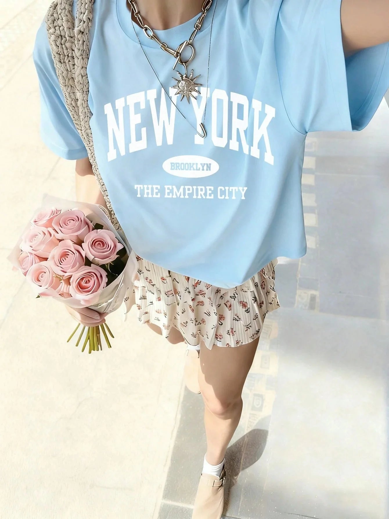 SXV Women's Summer Letter Print Off-Shoulder Loose Casual T-Shirt