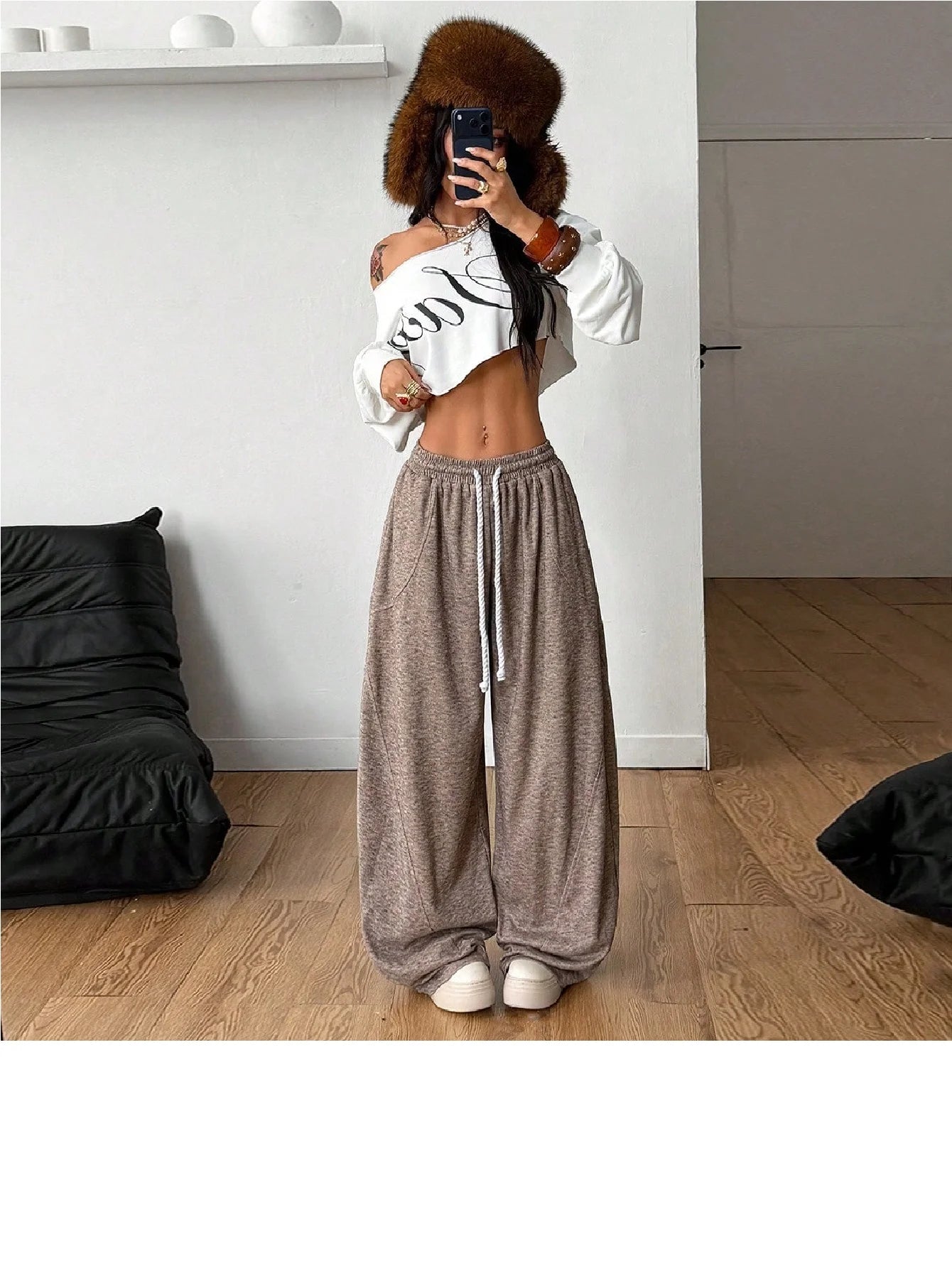 SXV Winter Going Out Streetwear Rave Cowgirl Sportswear Casual Music Festival Graphics Cropped Over Size Asymmetrical Neck Off Shoulder White Long Sleeve T-Shirt