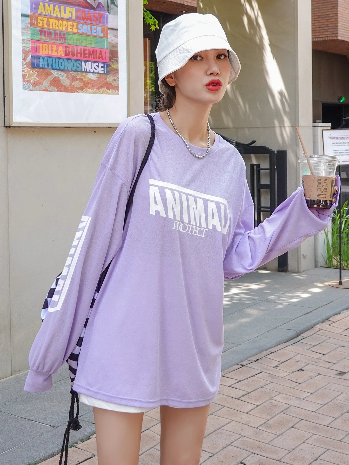 SXV ANIMAL PROTECT Letter Graphic Drop Shoulder Oversized Tee
