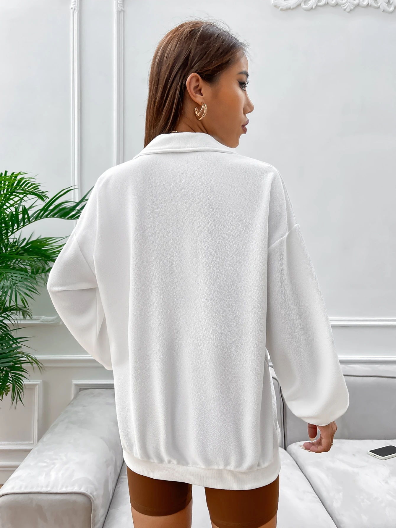 SXV Half zip Solid Color Drop Shoulder White Sweatshirt