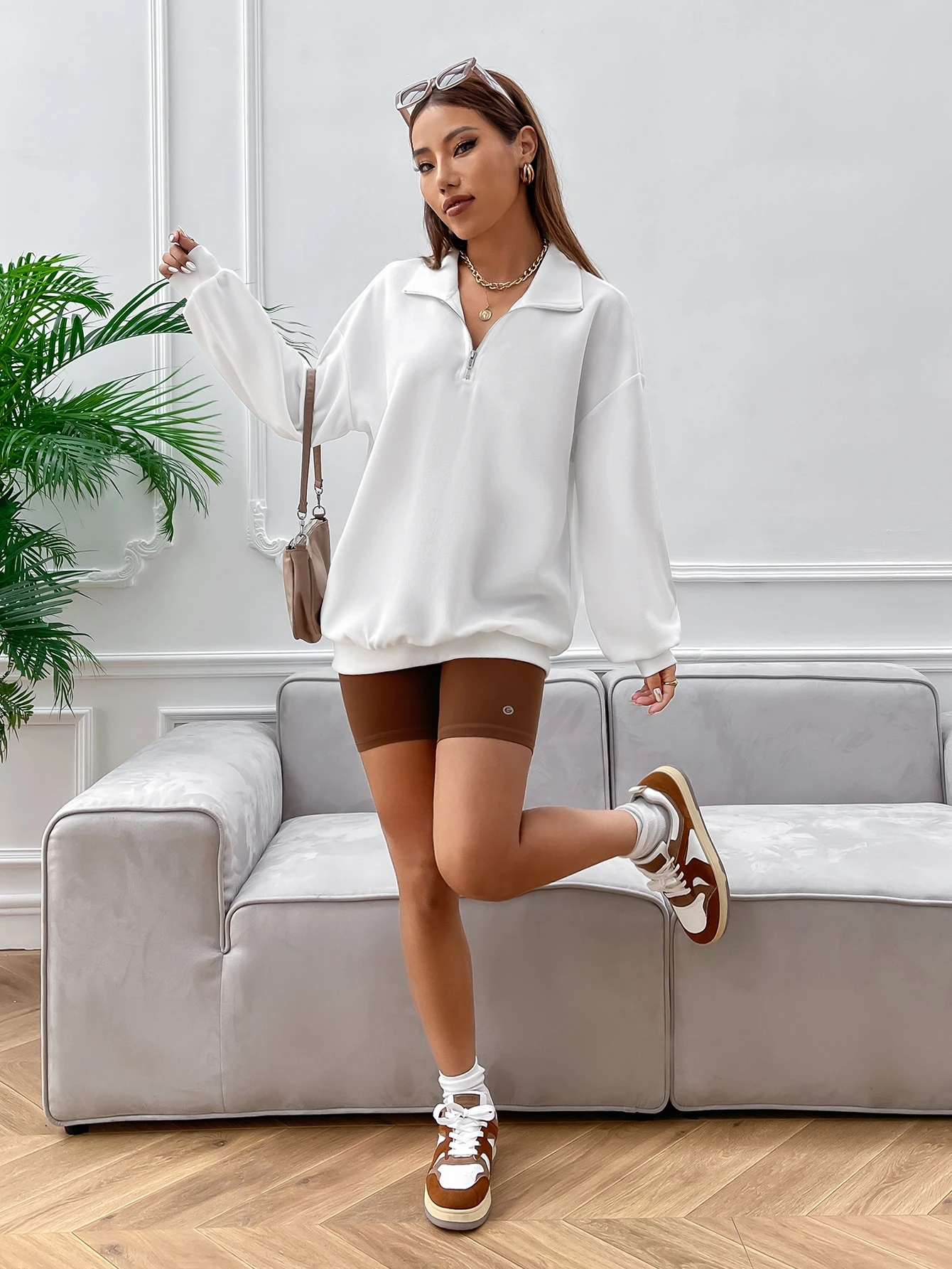SXV Half zip Solid Color Drop Shoulder White Sweatshirt