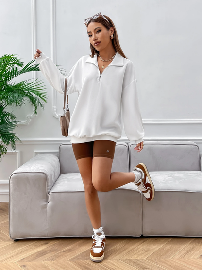 SXV Half zip Solid Color Drop Shoulder White Sweatshirt