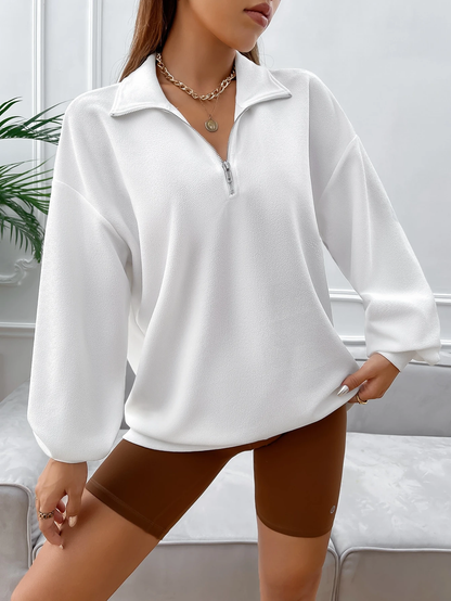 SXV Half zip Solid Color Drop Shoulder White Sweatshirt