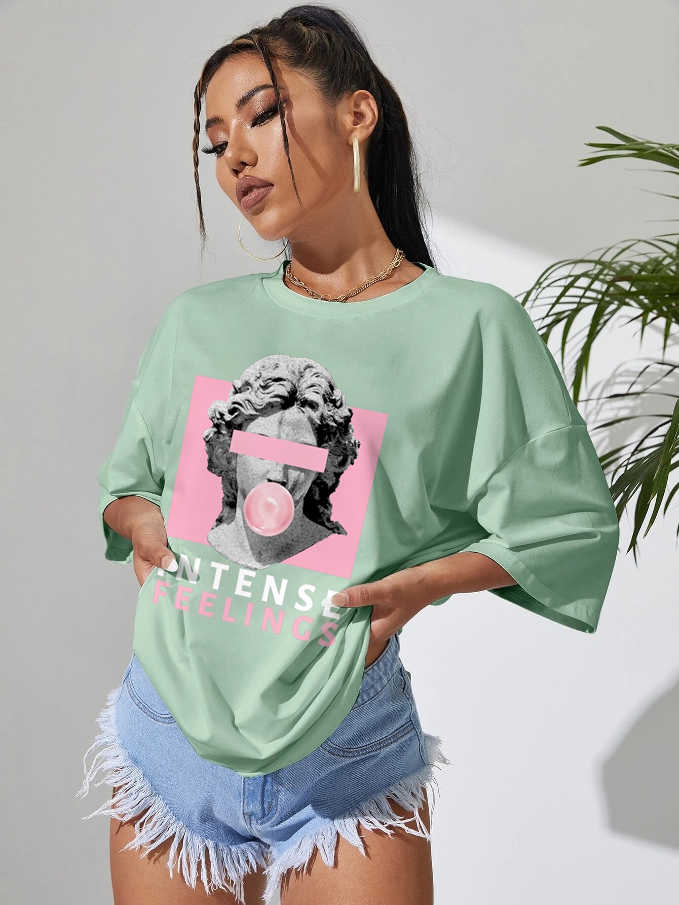 SXV Intense feelings mintgreen Graphic Drop Shoulder Tee