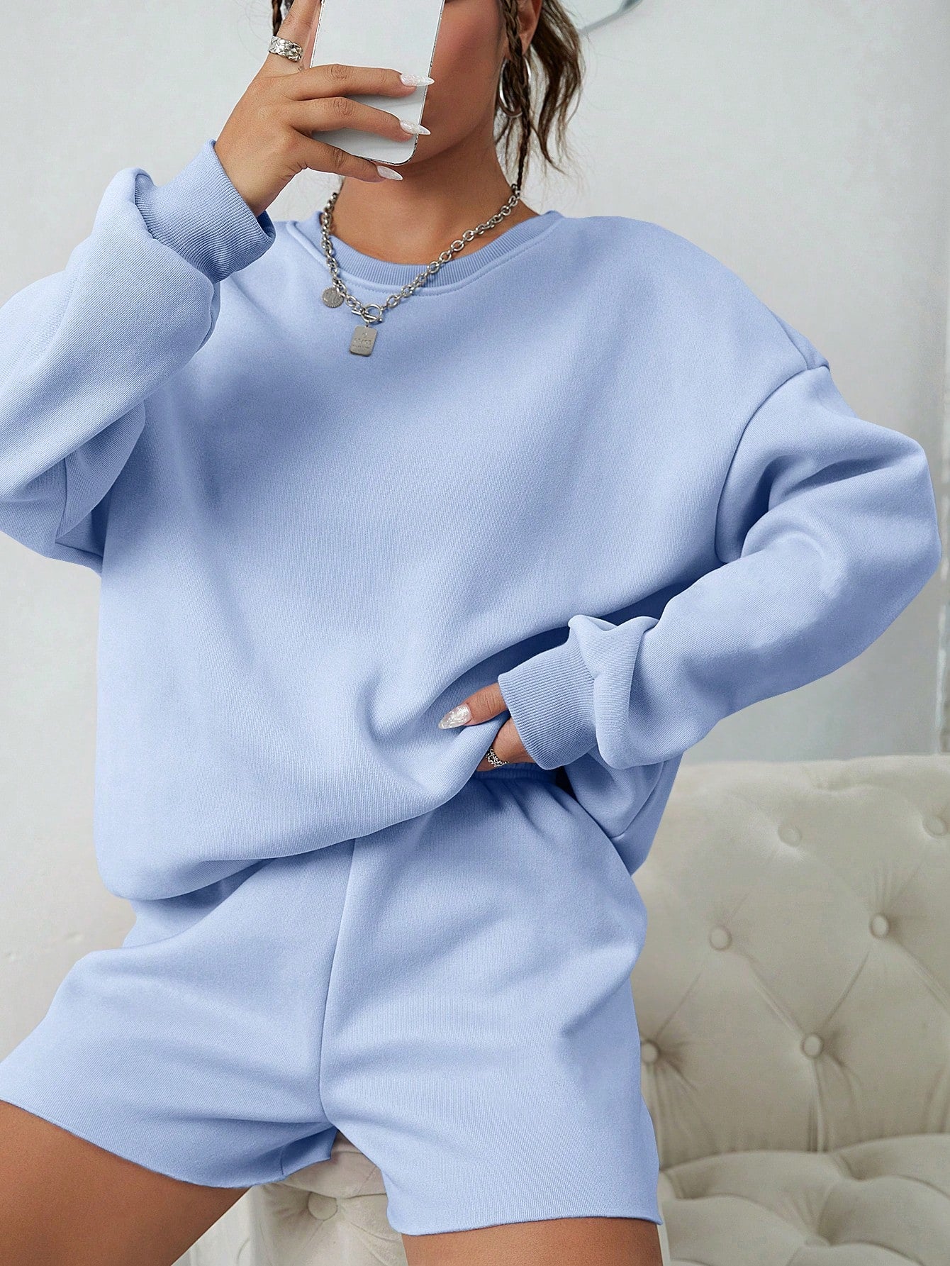 SXV Women's Solid Color Simple Daily Short-Sleeve Top And Shorts Set