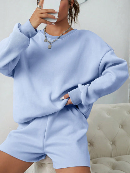 SXV Women's Solid Color Simple Daily Short-Sleeve Top And Shorts Set