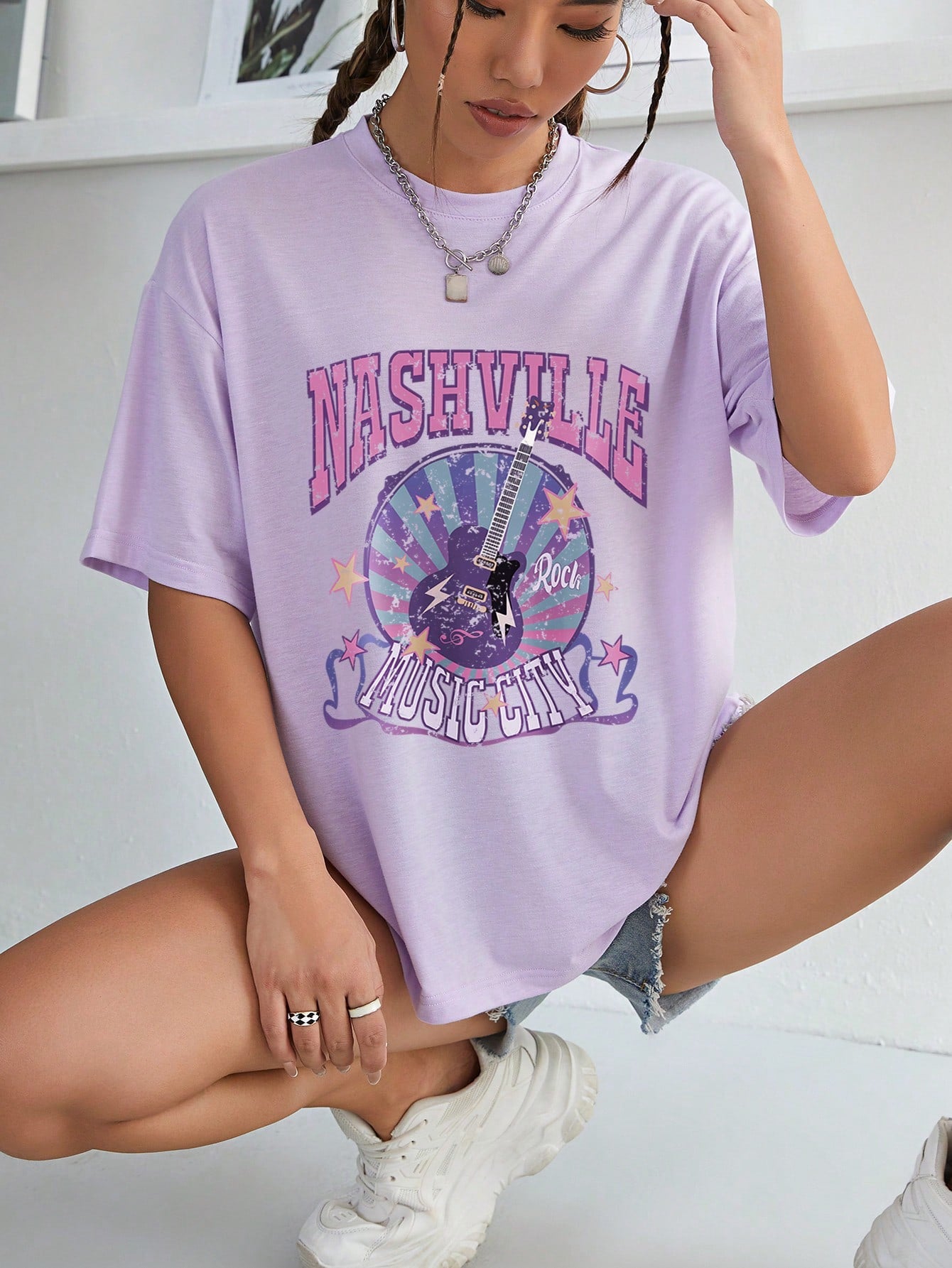 SXV Nashville music city Letter Print Cheongsam Pattern Round Neck Short Sleeve T-Shirt