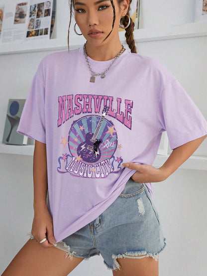SXV Nashville music city Letter Print Cheongsam Pattern Round Neck Short Sleeve T-Shirt