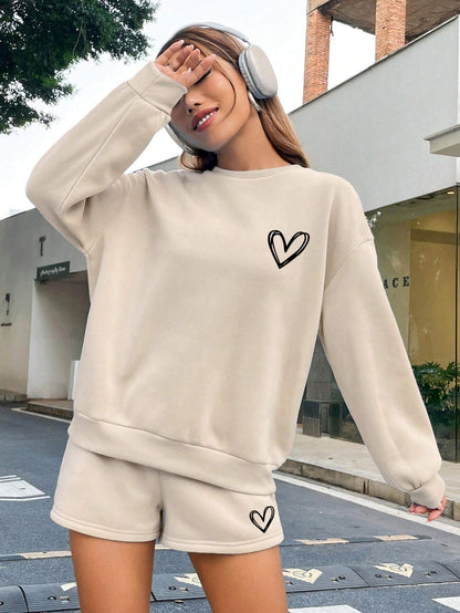 SXV Heart Print Drop Shoulder Sweatshirt & Shorts Set