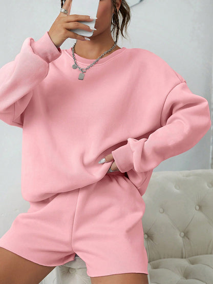 SXV Women's Solid Color Simple Daily Short-Sleeve Top And Shorts Set