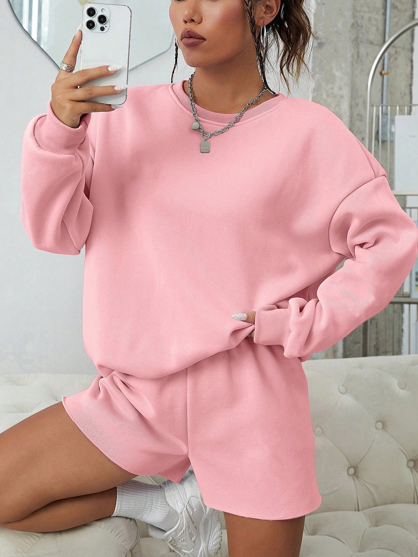 SXV Women's Solid Color Simple Daily Short-Sleeve Top And Shorts Set