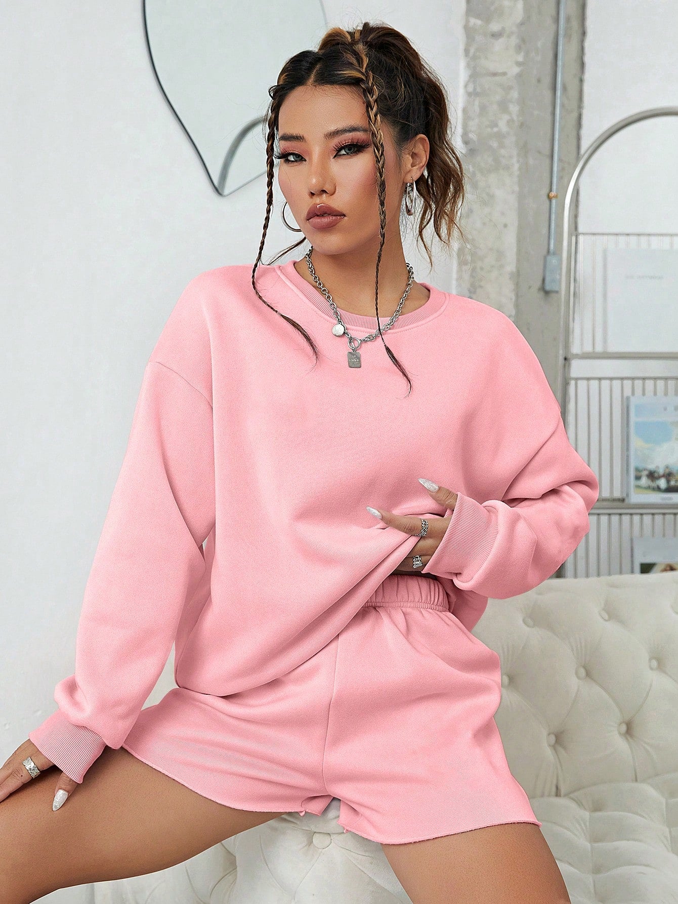 SXV Women's Solid Color Simple Daily Short-Sleeve Top And Shorts Set