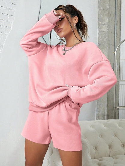 SXV Women's Solid Color Simple Daily Short-Sleeve Top And Shorts Set