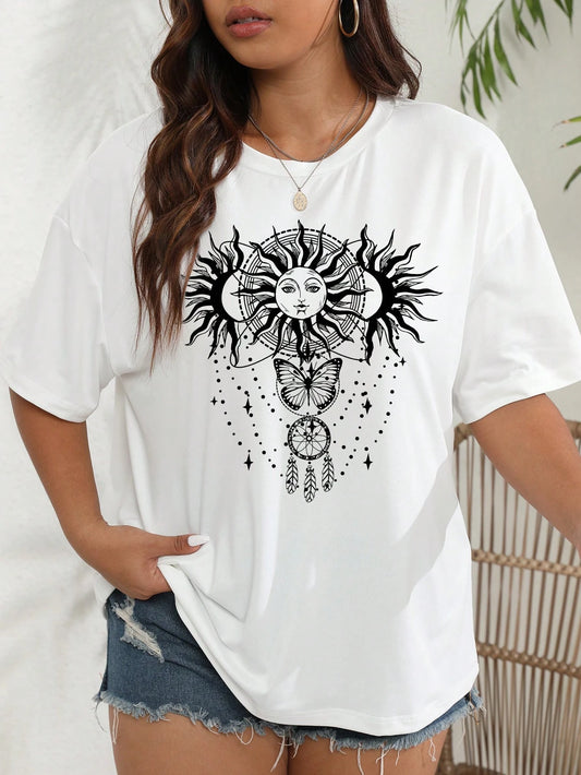 SXV Sun & Moon Print Drop Shoulder Tee Graphic