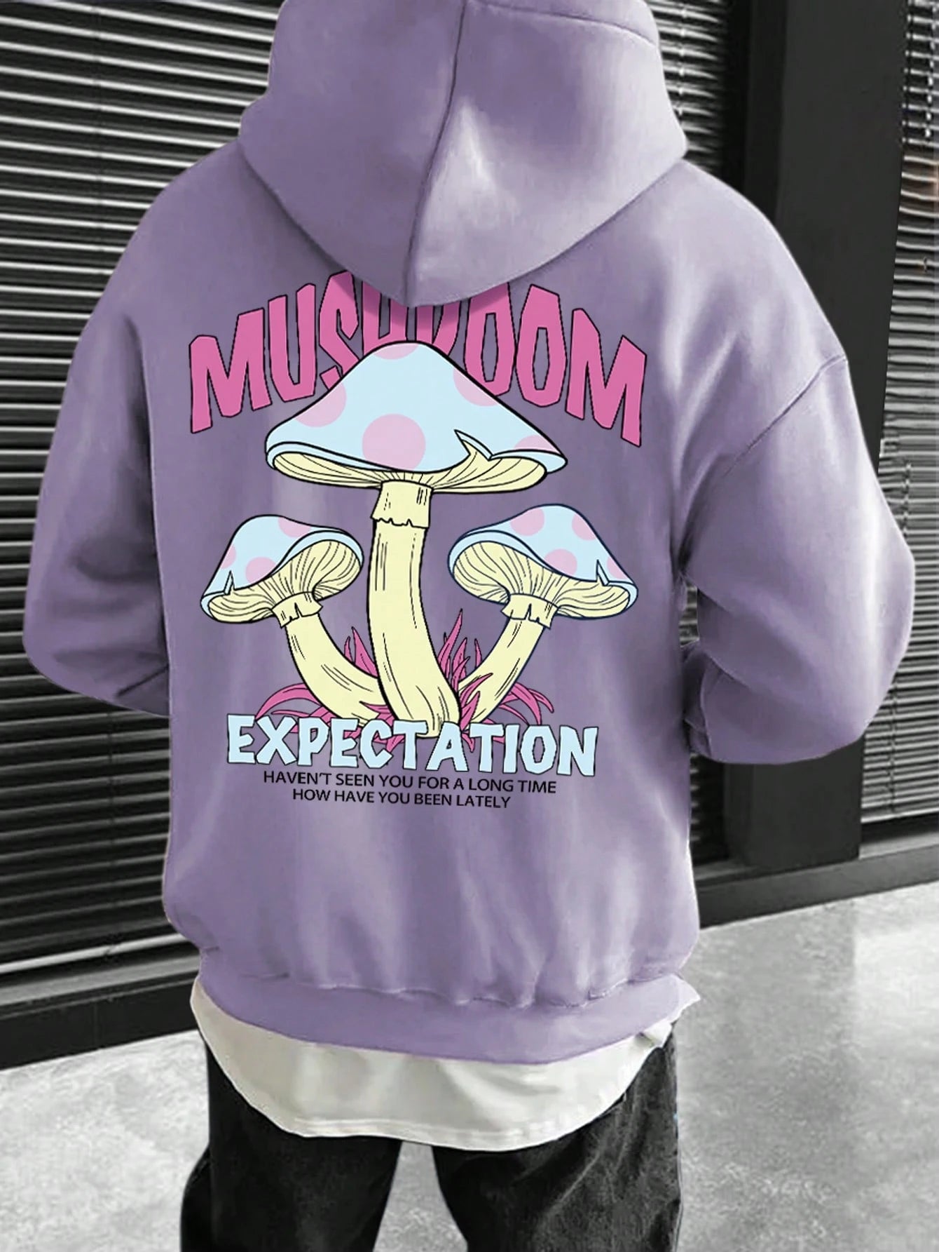 SXV Mushroom & Slogan Graphic Drop Shoulder Hoodie With Drawstring,Long Sleeve