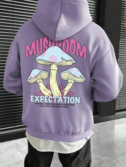 SXV Mushroom & Slogan Graphic Drop Shoulder Hoodie With Drawstring,Long Sleeve