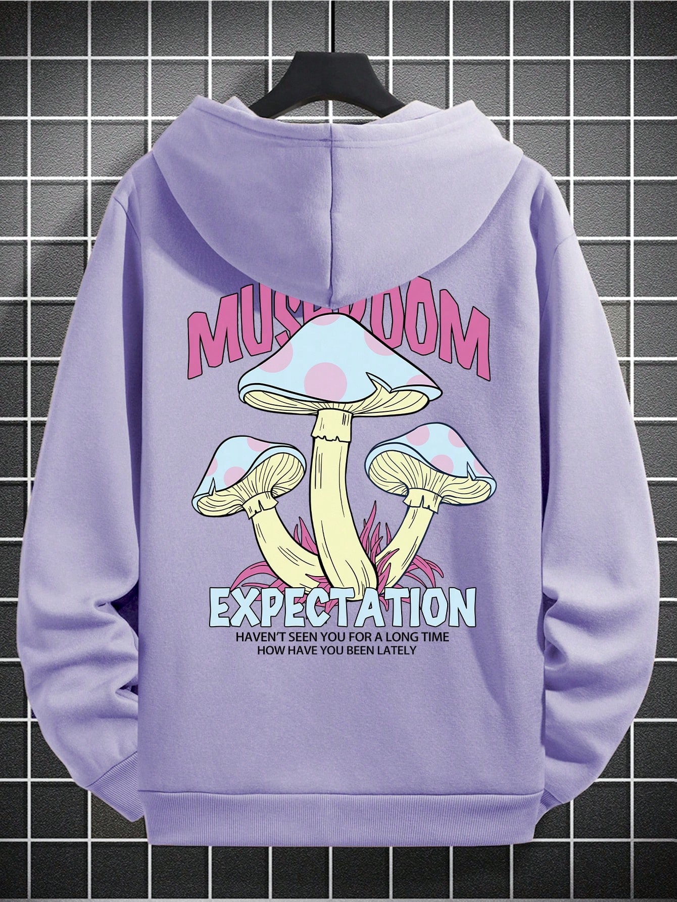SXV Mushroom & Slogan Graphic Drop Shoulder Hoodie With Drawstring,Long Sleeve