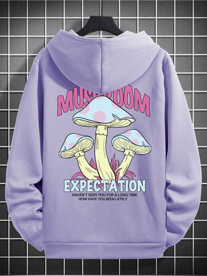 SXV Mushroom & Slogan Graphic Drop Shoulder Hoodie With Drawstring,Long Sleeve