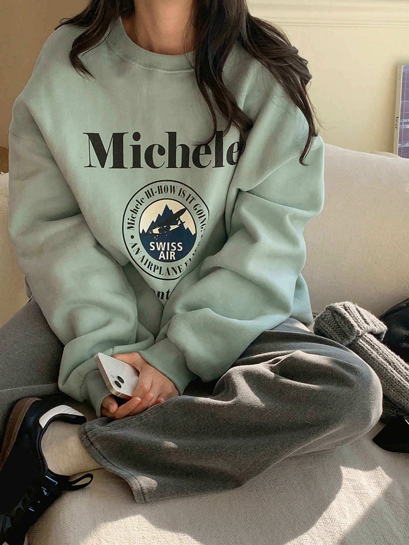 SXV Swiss air Letter Graphic Drop Shoulder Oversized Pullover,Long Sleeve Tops,Fall Clothes Sweatshirt