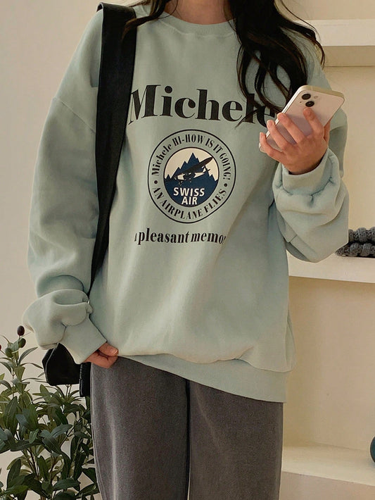 SXV Swiss air Letter Graphic Drop Shoulder Oversized Pullover,Long Sleeve Tops,Fall Clothes Sweatshirt