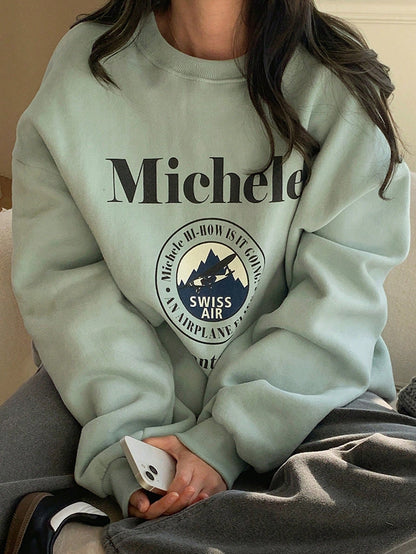 SXV Swiss air Letter Graphic Drop Shoulder Oversized Pullover,Long Sleeve Tops,Fall Clothes Sweatshirt