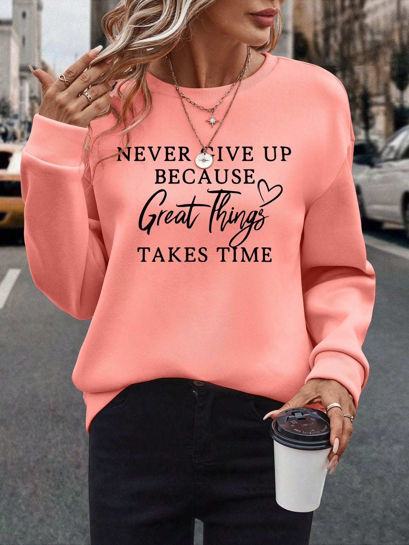 SXV  'never give up’ Printed Cool Aesthetic Drop Shoulder Oversized Baggy Sweatshirt