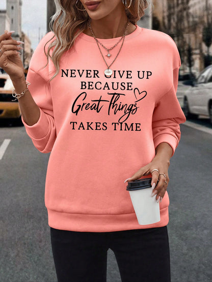 SXV  'never give up’ Printed Cool Aesthetic Drop Shoulder Oversized Baggy Sweatshirt