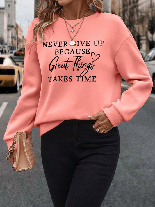 SXV  'never give up’ Printed Cool Aesthetic Drop Shoulder Oversized Baggy Sweatshirt
