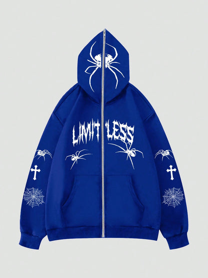 SXV Letter & Spider Printed Zip Up Hoodie