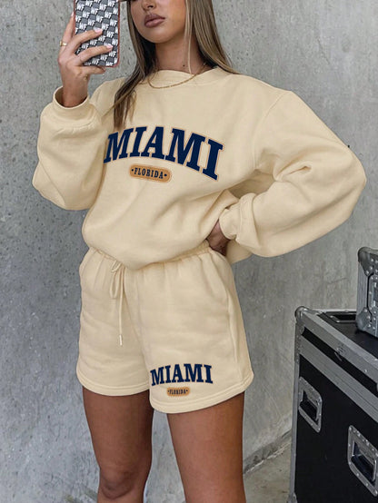 SXV Miami florida Letter Graphic Drop Shoulder Hoodie & Drawstring Waist Shorts
