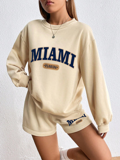 SXV Miami florida Letter Graphic Drop Shoulder Hoodie & Drawstring Waist Shorts