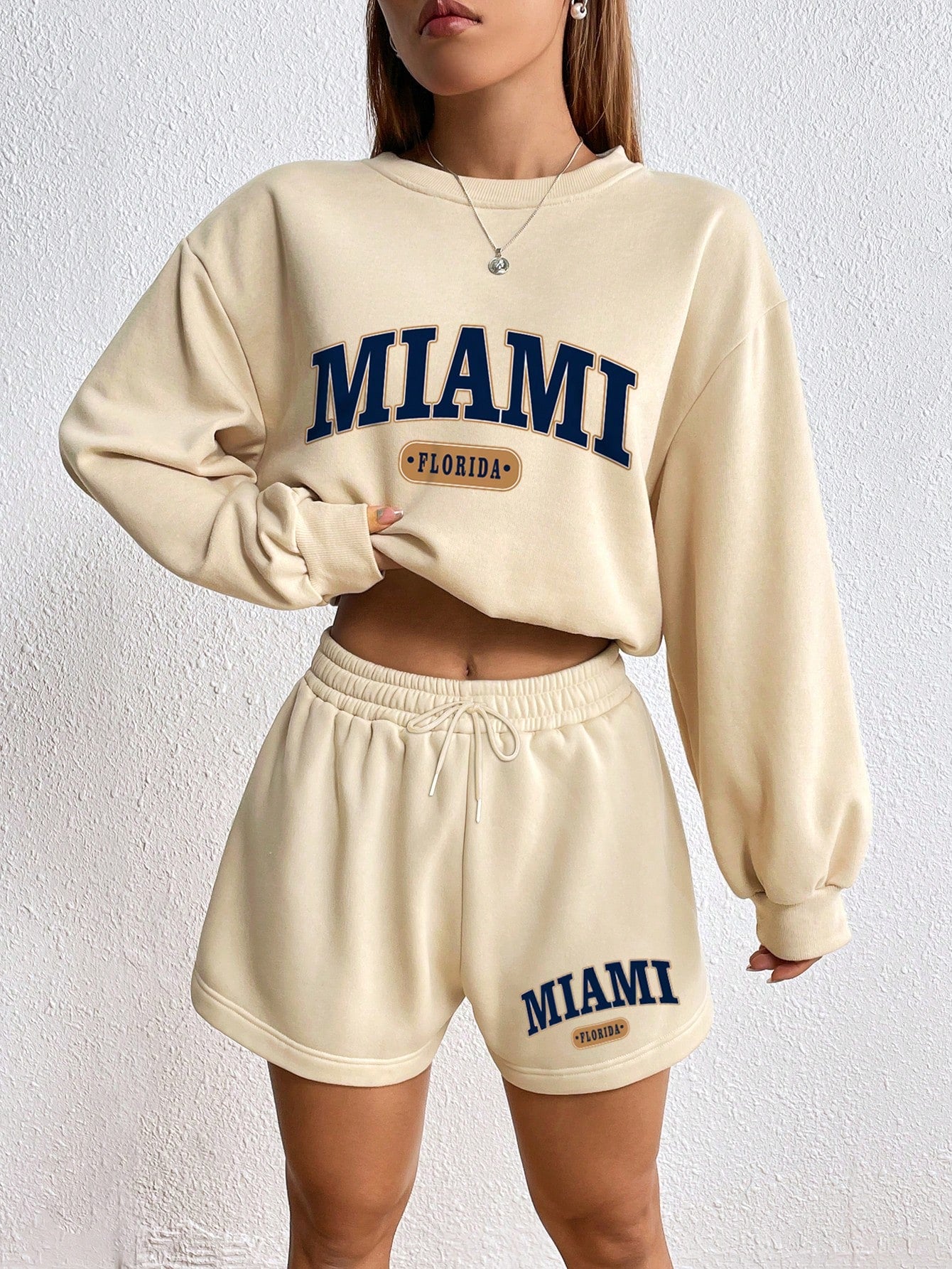 SXV Miami florida Letter Graphic Drop Shoulder Hoodie & Drawstring Waist Shorts
