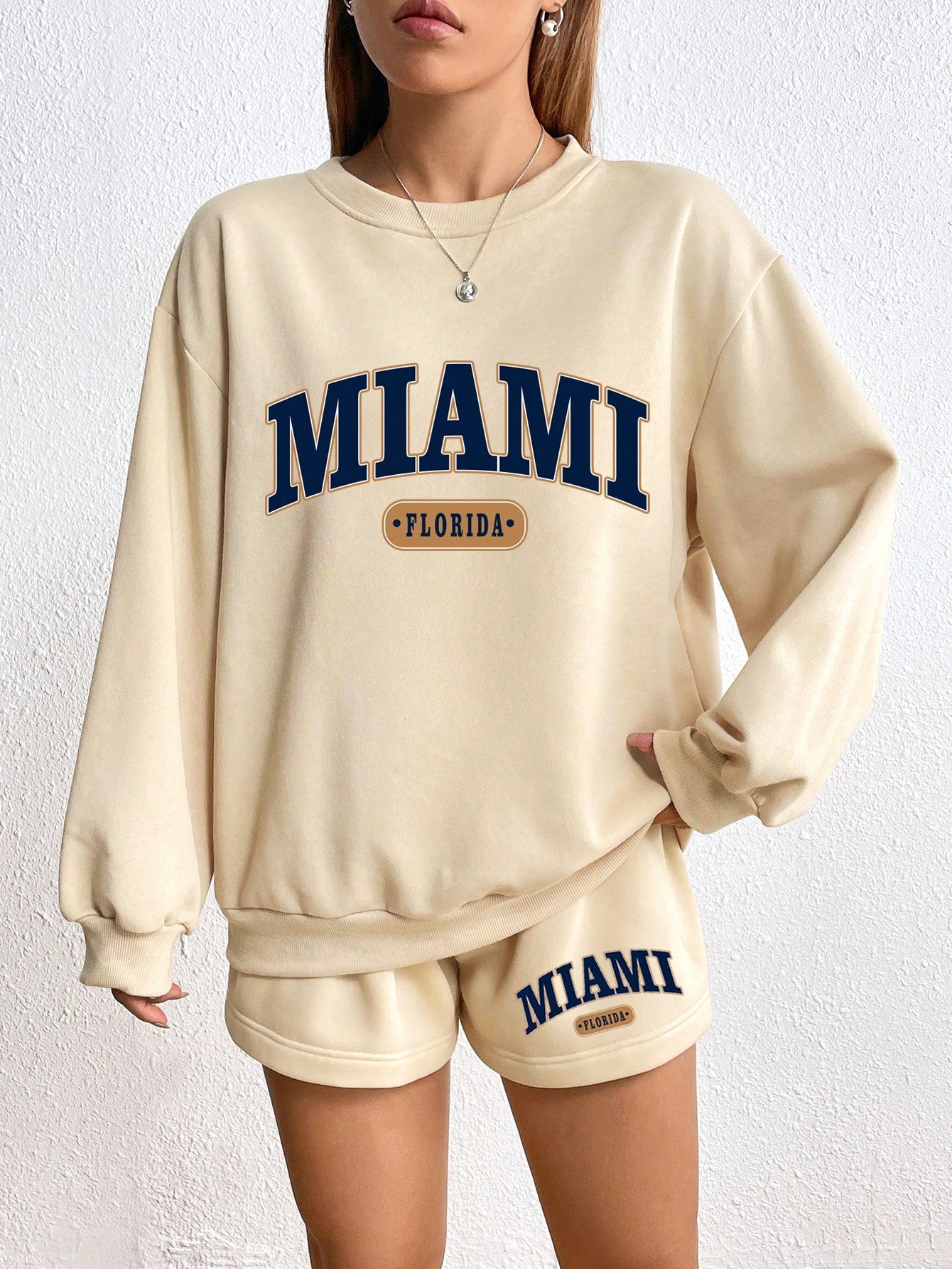 SXV Miami florida Letter Graphic Drop Shoulder Hoodie & Drawstring Waist Shorts