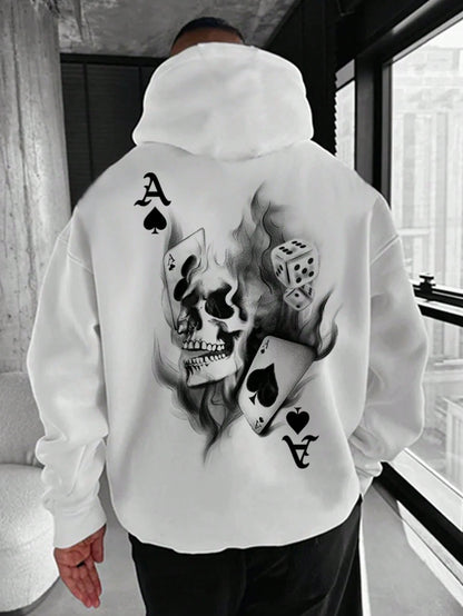 SXV Men Playing Card & Skull Print Drop Shoulder Hoodie