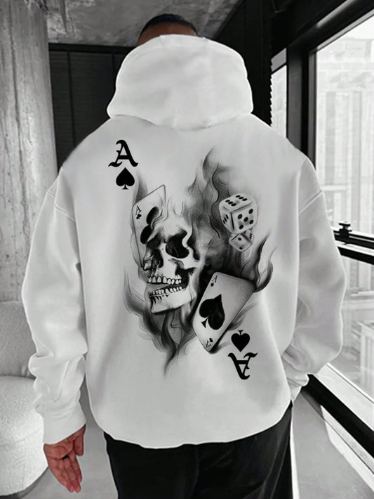 SXV Men Playing Card & Skull Print Drop Shoulder Hoodie