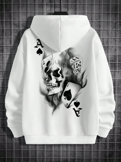SXV Men Playing Card & Skull Print Drop Shoulder Hoodie