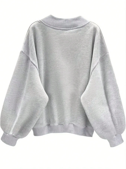 SXV Comfort in Paris Printed V Neck Letter Graphic Drop Shoulder Grey Baggy Oversized Sweatshirt