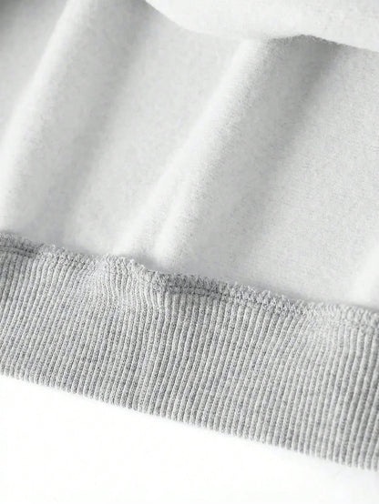 SXV Comfort in Paris Printed V Neck Letter Graphic Drop Shoulder Grey Baggy Oversized Sweatshirt