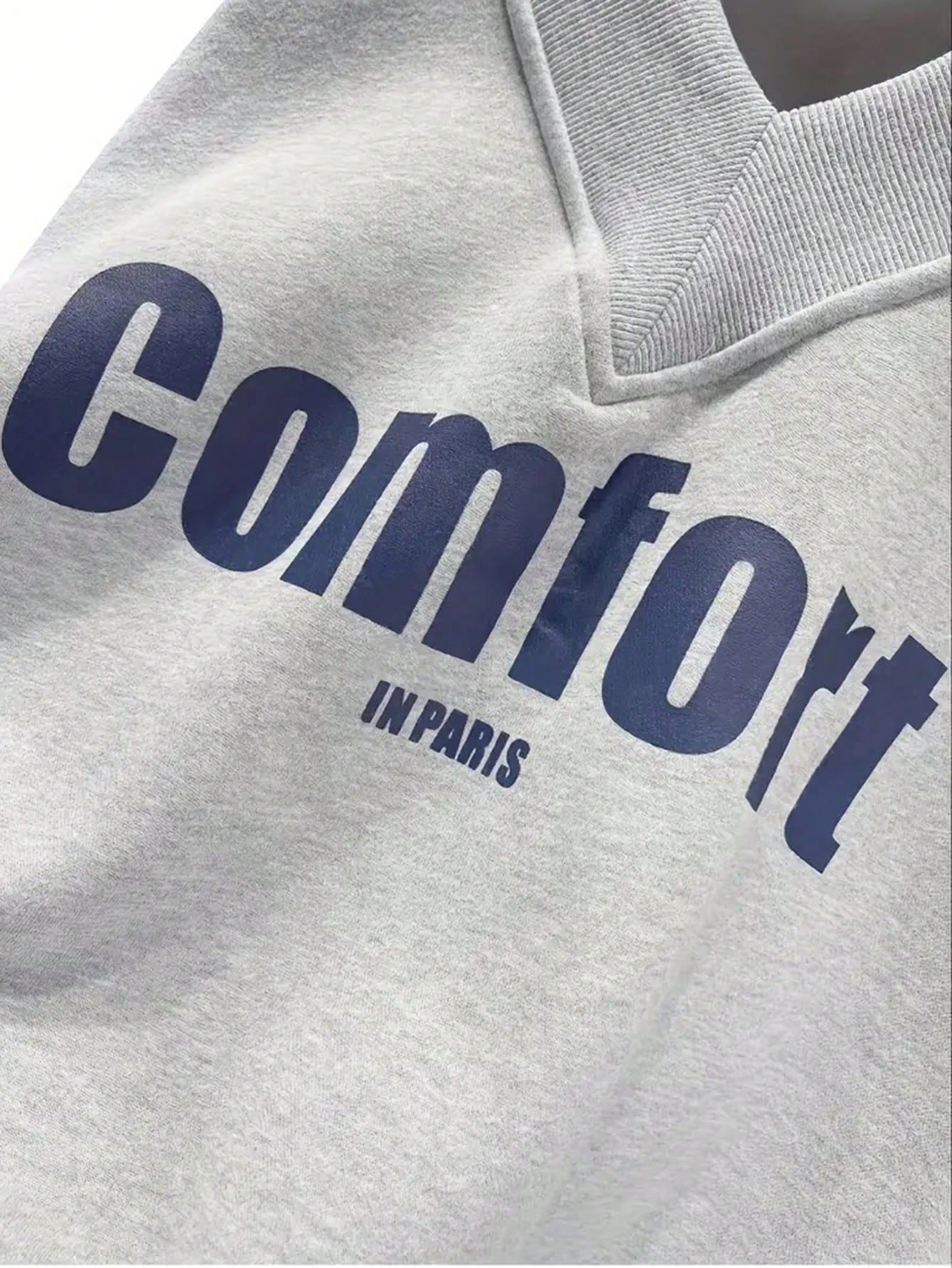 SXV Comfort in Paris Printed V Neck Letter Graphic Drop Shoulder Grey Baggy Oversized Sweatshirt